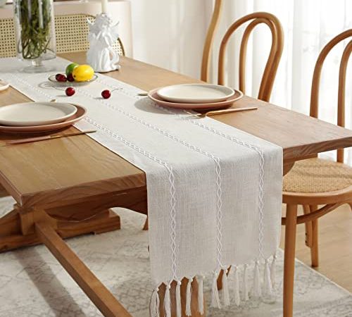 CHUQING Tischläufer Beige Boho Polyester Geruchsneutral Tischläufer Landhausstil Table Runner mit Quasten 170x32cm