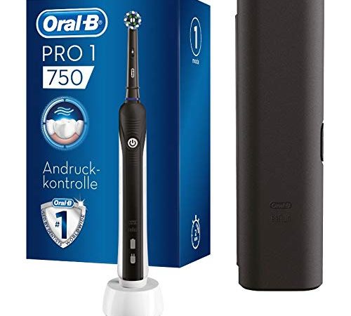 Oral-B PRO 1 750 Black Edition Elektrische Zahnbürste/Electric Toothbrush für eine gründliche Zahnreinigung, 1 Putzprogamm, Drucksensor, Timer & Reiseetui, 1 CrossAction Aufsteckbürste, schwarz