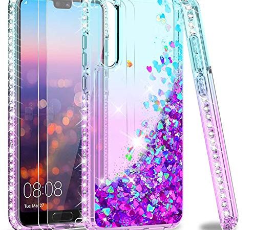 LeYi Hülle Huawei P20 Pro Glitzer Handyhülle mit Panzerfolie Schutzfolie(2 Stück), Diamond Cover Bumper Schutzhülle für Case Huawei P20 Pro/Huawei P20 Plus Handy Hüllen ZX Gradient Turquoise Purple