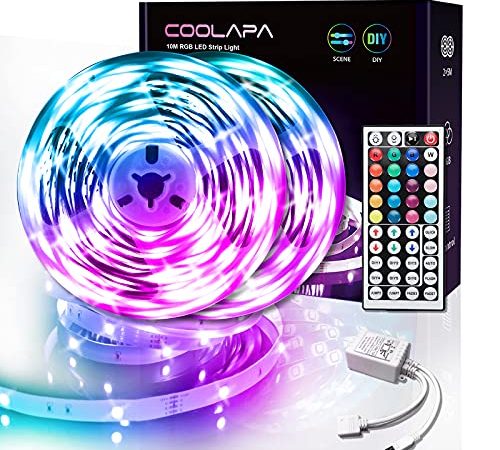 10M LED Strip, COOLAPA RGB LED Streifen, LED Lichterkette Streifen mit Fernbedienung 44-Tasten, 12V 5050 SMD, Beleuchtung von Haus, Party, Küche, Party, 2 Rollen von 5m (10M)