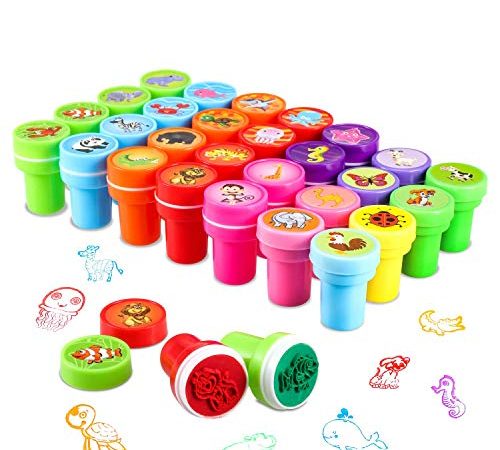 30 Stück PAMIYO Stempel Kinder,Kinder Briefmarken, Selbstfärbende Stempelset Tiere Niedliche Spielzeugstempel aus Plastik für Spiel, Spaß, Hobby und mehr