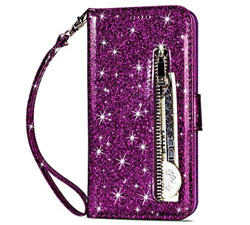 Artfeel Reißverschluss Brieftasche Hülle für Huawei Mate 20 Pro, Bling Glitzer Leder Handyhülle mit Kartenhalter,Flip Magnetverschluss Stand Schutzhülle mit Tasche und Handschlaufe-Lila