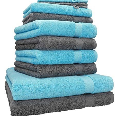 Betz 10-TLG. Handtuch-Set Premium 100% Baumwolle 2 Duschtücher 4 Handtücher 2 Gästetücher 2 Waschhandschuhe Farbe Türkis & Anthrazit