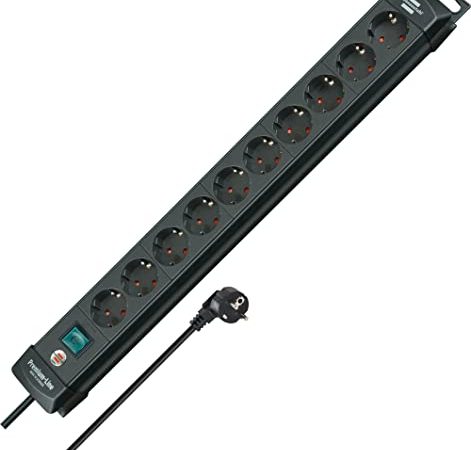 Brennenstuhl Premium-Line, Steckdosenleiste 10-Fach (Steckerleiste mit Schalter und 3m Kabel, Mehrfachsteckdose mit 45° Winkel der Schutzkontakt-Steckdosen, Made in Germany) schwarz