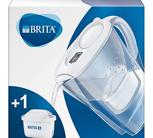 BRITA Wasserfilter Marella weiß inkl. 1 MAXTRA+ Filterkartusche – BRITA Filter zur Reduzierung von Kalk, Chlor, Blei, Kupfer & geschmacksstörenden Stoffen im Wasser