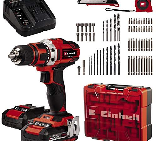 Einhell Akku-Bohrschrauber-Set TE-CD 18/40 Li +69 (2x2,0 Ah) Power X-Change (Lithium Ionen, 2 Gang, 40 Nm, inkl. 2x Akku + Ladegerät, Koffer + 69-tlg. Zubehör)