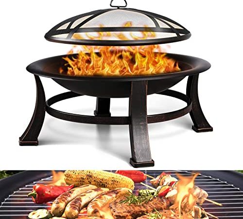 Feuerschale für den Außenbereich Terrasse BBQ Φ76 cm, Feuerschale mit Funkenschutz, Feuerstelle Garten, Feuerschale Garten, Feuerkorb mit Grillrost (Ø 61cm)& wasserfester Schutzhülle, Retro-Look