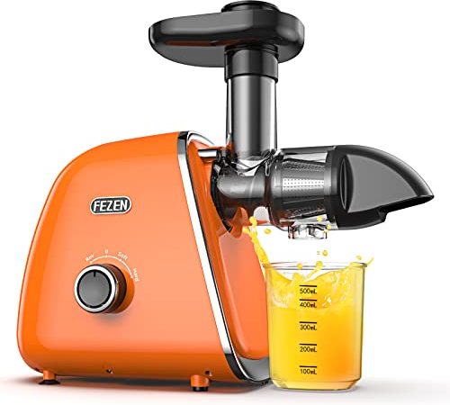 FEZEN Entsafter Slow Juicer, Entsafter Gemüse und Obst Testsieger mit 2 Geschwindigkeiten, Ruhiger Motor & Umkehrfunktion & Saftkanne & Reinigungsbürste, BPA-frei, Orange