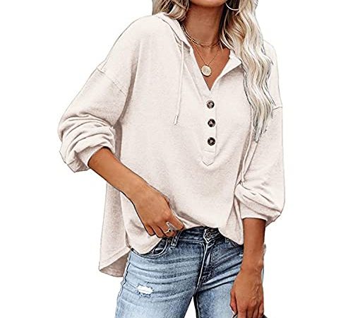 Generic Hoodie Damen Pullover V-Ausschnitt Kapuzenpullover Damen Button Down V-Ausschnitt Langarm Pullover Sweatshirt mit Kapuze Lose Casual Blusen Tops