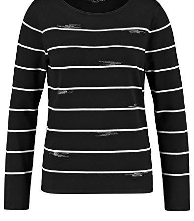 Gerry Weber Damen Pullover mit Steinchenapplikation Langarm Strickpullover, Strick Pullover Langarm Rundhals gestreift Schwarz/Ecru/Weiss Ringel 38