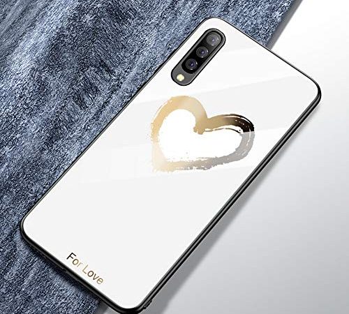 Hpory Kompatibel mit Galaxy A50 Hülle, Handyhülle Samsung Galaxy A50 Foto Muster Schwarz TPU Silikon Glashülle Gehärtetes Glas Bumper Schale Case Cover Handytasche Etui Schutzhülle - Herz Weiß