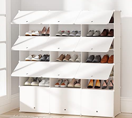 JOISCOPE DIY Schuhschrank, Modular Schuhregal,Schuhständer mit Tür，Platzsparend Schuhregal Kunststoff, für die Aufbewahrung von Schuhen, Stiefeln, Hausschuhen,Schuhablage Regale(3*7,weiss)