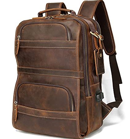 Lannsyne Vintage-Rucksack aus echtem Leder für Herren, 15,6 Zoll, Laptoptasche, Schultasche, Übernachtung, Wochenender, Camping, Tagesrucksack