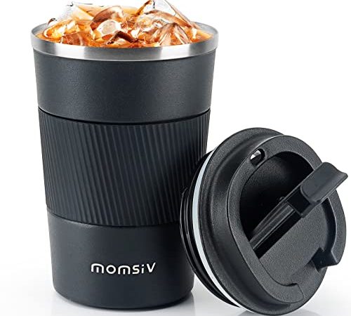 MOMSIV Thermobecher,Kaffeebecher Thermo mit Auslaufsicherem Deckel,Thermobecher- Isolierbecher,13oz/380ml Edelstahl Travel Mug,Kaffeebecher to go für heißes und kaltes Wasser Kaffee Tee (schwarz)