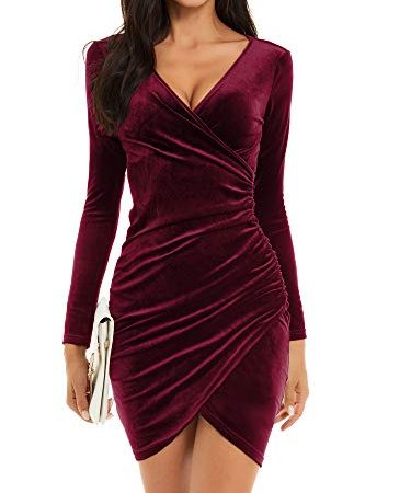 MSBASIC Kleid Rot Weihnachtskleid Damen Kleid Festlich Partykleid Wickelkleid Brautjungfer Medium, Weinrot-Langarm