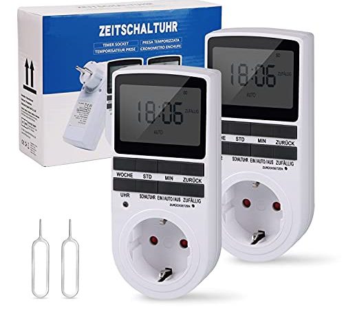 Nach Maß Deutsche Ausführung Zeitschaltuhr Digital - 2 PCS | Digitale Elektrische Zeitschaltuhr Steckdose mit Deutsche System und Tasten | 10 konfigurierbare Programme | 12/24h Modus