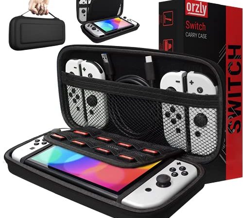 Orzly Tragetasche Kompatibel mit Nintendo Switch und New Switch OLED-Konsole - Schwarze schützende Hülle, harte tragbare Reisetasche mit Taschen für Zubehör und Spiele