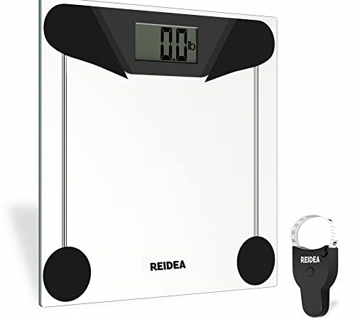 REIDEA Digitale Personenwaage Körperwaage Personen Waage, Gewichtswaage aus Sicherheitsglas, 5kg-180kg, Slim Design, mit Großem LCD-Display, Inkl. Maßband