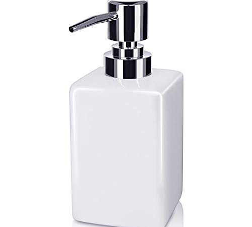 Seifenspender, 320ml Keramik Quadratischer Klassischer Seifen- und Lotionspumpenspender für Die Küche Badezimmer Waschküche Nachfüllbares Shampoo Handseifenseife Ätherisches Öl (Weiß)