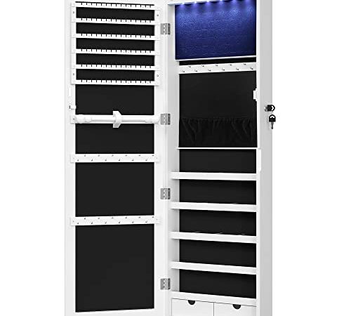 SONGMICS Schmuckschrank hängend abschließbarer Spiegelschrank, Wandschrank mit Spiegel und zahlreichen Fächern, Wandmontage, an der Tür hängend, für Ketten, Ohrringe, weiß JBC93W