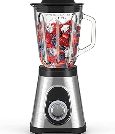 Standmixer, 700 W, Smoothie, multifunktional, mit 6 scharfen Klingen, leistungsstarker Standmixer, 2 Geschwindigkeitsstufen und Impuls, 1,5 l Topf