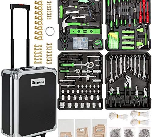 tectake 401321 Werkzeugkoffer 1200-teilig mit Werkzeug befüllt, 4 Ebenen, Trolley mit Rollen und Teleskopgriff zum Ziehen