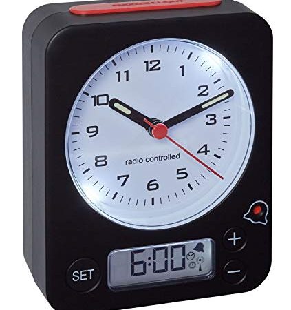 TFA Dostmann Combo Funkwecker, Uhrzeit Analog und Wecker Digital, Funkuhr mit Hoher Präzision, leise, rundumlaufende Beleuchtung, schwarz