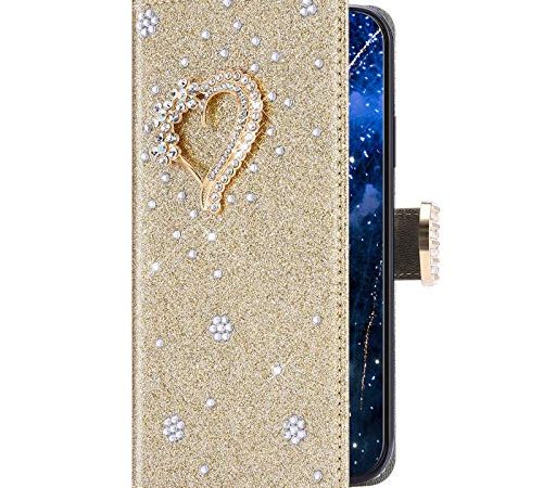 Uposao Kompatibel mit iPhone 5S / iPhone SE Hülle Leder Glänzend Glitzer Strass Diamant Bling Handyhülle Schutzhülle Flip Wallet Case Leder Tasche Hülle Klapphülle Magnet,Gold