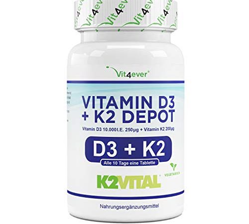 Vitamin D3 10.000 I.E + Vitamin K2 200 mcg Menaquinon MK7 Depot - 180 Tabletten - 99,7+% All-Trans (K2VITAL® von Kappa) - Laborgeprüft - Vegetarisch - Hochdosiert - Premium Qualität