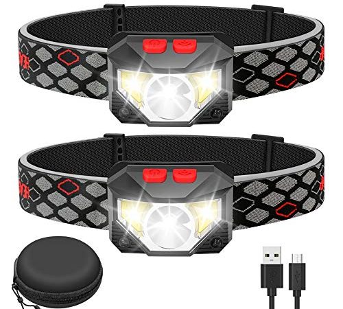 Yonii Wiederaufladbare LED Stirnlampe,2 Stück Superheller Bewegungs Sensor 800 Lumens 10 Modi Kopflampe,Wasserdicht Leichtgewichts Mini stirnlampen Perfekt fürs Laufen,Wandern,Camping,Radfahren,Angeln