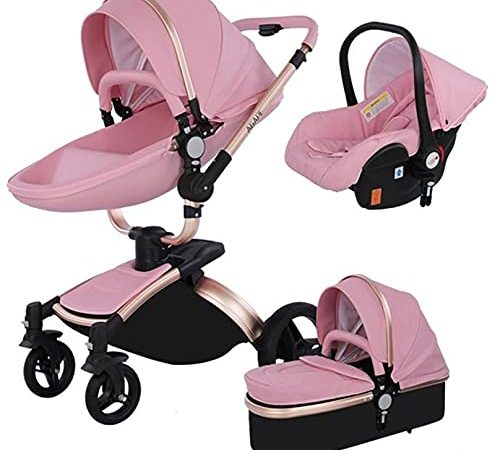 3 in 1 Kombikinderwagen Kinderwagen 3-in-1 Dreirad Lauflernhilfe Hochlandschaft Kinderwagen Faltbarer Kinderwagen Babywagen Babywagen für Baby 0-36 Monate (Rosa)