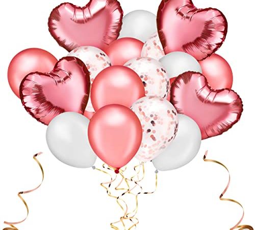 Balinco Luftballons, 48er Set bestehend aus Herzluftballons in Roségold, Weiß, Pink und Konfetti Luftballons inkl. Ballonbänder, Deko Hochzeit, JGA, Geburtstag, Baby Party, Taufe