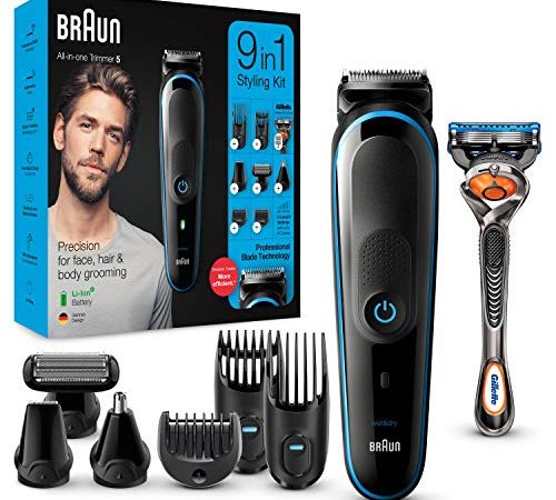 Braun Barttrimmer/Haarschneider Herren, Trimmer/Haarschneidemaschine & Rasierer, 9-in-1 Set für Bart, Gesicht, Kopf, Körper, Ohren und Nase, Vatertagsgeschenk, MGK5280, schwarz/blau