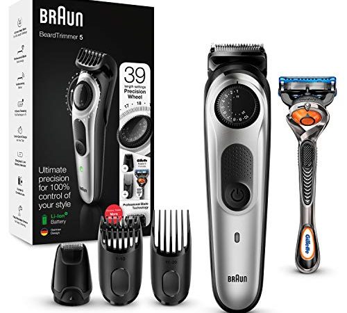 Braun Barttrimmer/Haarschneider Herren, Trimmer/Haarschneidemaschine, inkl. 3 Aufsätze & Rasierer, 39 Längeneinstellungen, Vatertagsgeschenk, BT5265, schwarz/silber-metallic