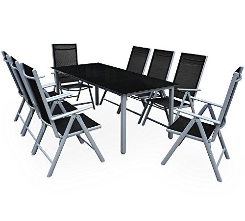 Casaria Sitzgruppe Bern 8+1 Aluminium 7- Fach Verstellbar Hochlehner Stühle Klappbar 5 mm Sicherheitsglas Wetterfest Garten Terrasse Balkon Set Silber