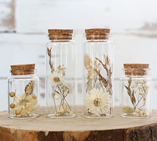 comforder Trockenblumen im Glas mit Korken 4er Set, getrocknete Blumen-Deko in eleganten, schmalen Gläsern (Natur)