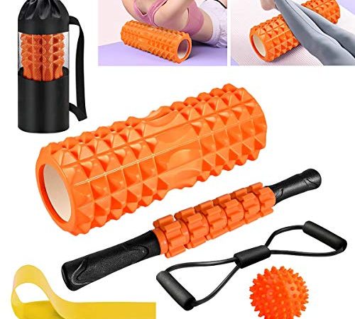 Faszienrolle, Qveetry Foam Roller Faszienrolle Sets mit Massageroller Stab, Widerstandsbänder Krafttraining, Massageball, Fitnessbänder, 33cm Schaumstoffrolle für Yoga Pilates Sport
