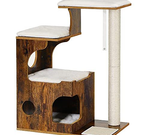 FEANDREA Kratzbaum 86 cm, mittelgroßer Katzenkratzbaum mit 3 Liegeflächen und Höhle, Katzenbaum aus MDF mit Holzfurnier, Sisalstamm, waschbare Auflagen aus Plüsch, vintagebraun-weiß PCT70HW