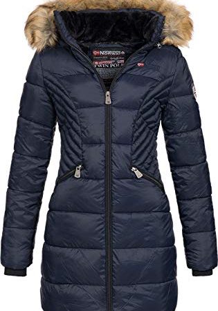 Geographical Norway ABEILLE - Damen großer Parka - Warmer Wintermantel - Lange Ärmel und Kragen aus Kunstfell - winterjacke winterparka (MARINE M)