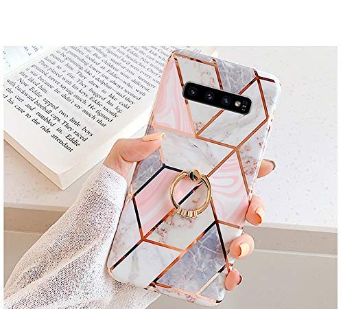 Hpory Kompatibel mit Galaxy S10 Plus Hülle, Handyhülle Samsung Galaxy S10 Plus Marmor Muster TPU Silikon Bumper Schale Case Cover Tasche Etui Schutzhülle für Mädchen Damen mit Ring Ständer - Weiß
