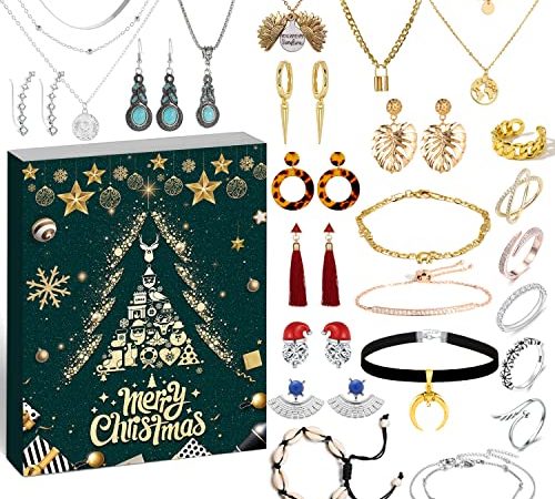 iZoeL Schmuck Adventskalender 2021 Frauen Mädchen Schmuckkalender Weihnachten Kalender 24 Mode Schmucke wie Halskette Ringe Ohrringe Armband (Metall) (Edelstahl)