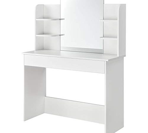 Juskys Schminktisch Bella weiß — Frisiertisch mit Spiegel, Schublade & 4 Fächer — Kosmetiktisch modern Holz für Damen & Mädchen 108 x 40 x 140 cm
