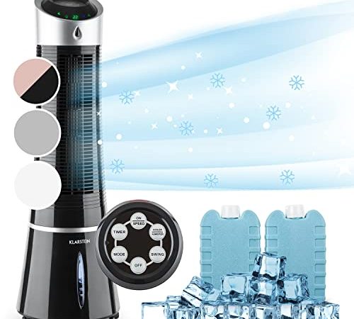 Klarstein Klimaanlage ohne Abluftschlauch, 5-in-1 Klimagerät mit Nachtmodus, Leiser Ventilator & Luftkühler, Luftbefeuchter & Luftreiniger, Mobiler Luftkühler, Luftstrom 30 Watt, Pechschwarz