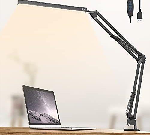 LED Schreibtischlampe mit Metall Rotierender Arm Klemmleuchte Schreibtischleuchte mit 3 Farb und 10 Helligkeitsstufen Dimmbar Tischlampe Leselampe mit Augenschutz Architektenlampe Tischleuchte