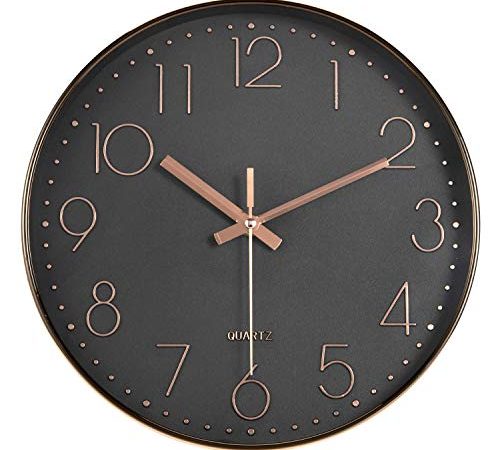 LENRUS 12 Zoll Modern Quartz Lautlos Wanduhr mit Arabisch Ziffer Wanduhren Ohne Ticken Wohnaccessoires Deko (Rose Gold&Schwarz)