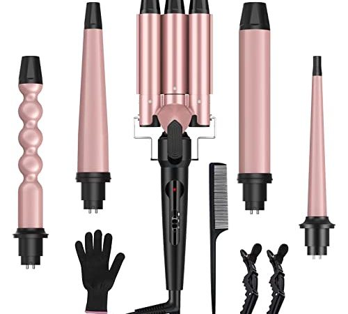 Lockenstab Set 5 in 1, mit 3 Fässer Welleneisen Lockenwickler,180°C - 210°C Einstellbare Temperatur Keramikbeschichtung Lockenwickler, für Kleine und Große Locken für Lange/kurze Haare