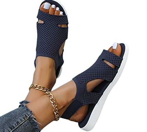 Onsoyours Damen Sandalen Bequem Flach Klettverschluss Sandaletten Mit Absatz Sommer Vintage Elegant Schnüren Schuhe Ultraleichte Tennisschuhe Stretch Fly Woven A Navy Blau 39 EU