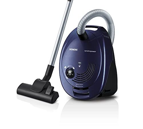 Siemens Staubsauger mit Beutel synchropower VS06A111, Bodenstaubsauger, Hygiene-Filter, Bodendüse für Hartboden und Teppich, starke Saugleistung, langes Kabel, Fugendüse, 600 W, blau