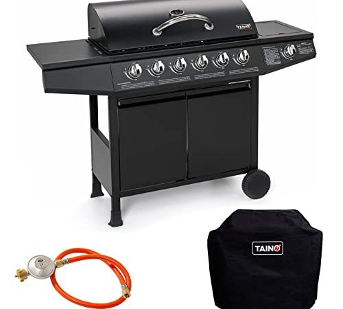 TAINO Basic 6+1 Gasgrill Set inkl. Abdeckung/Druckminderer Grillwagen BBQ Edelstahl-Brenner Seitenkocher Gas-Grill TÜV Schwarz