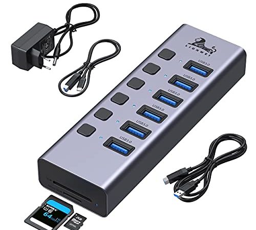 USB Hub Aktiv 3.0 mit Netzteil, Aluminium 8-Port USB 3.0 Hub, USB 3.0 Port Verteiler zur Datenübertragung, USB 3.0 Mehrfach Ports Verteiler mit Schalter Netzteil, USB Hub mit SD/TF Kartenleser